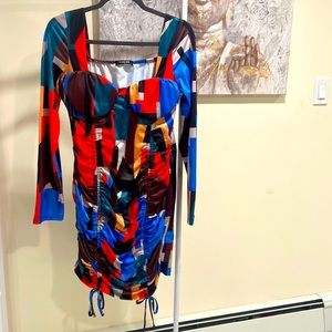 Mosaic body on rutched dress with drawstring